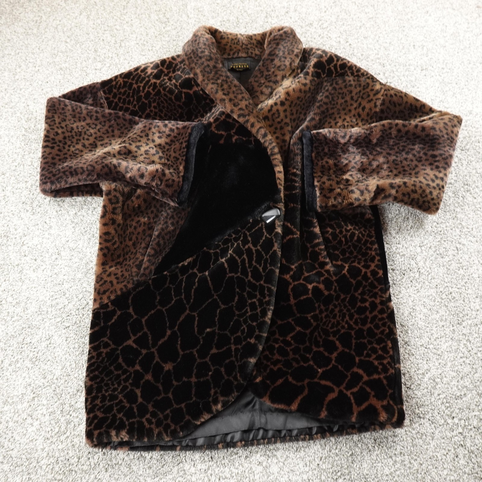 Vtg Express Coat Womens Medium Brown Faux Fur Animal Print Retro Soft 90s Usa